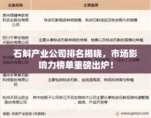 石斛产业公司排名揭晓，市场影响力榜单重磅出炉！