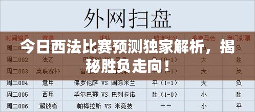 今日西法比赛预测独家解析，揭秘胜负走向！